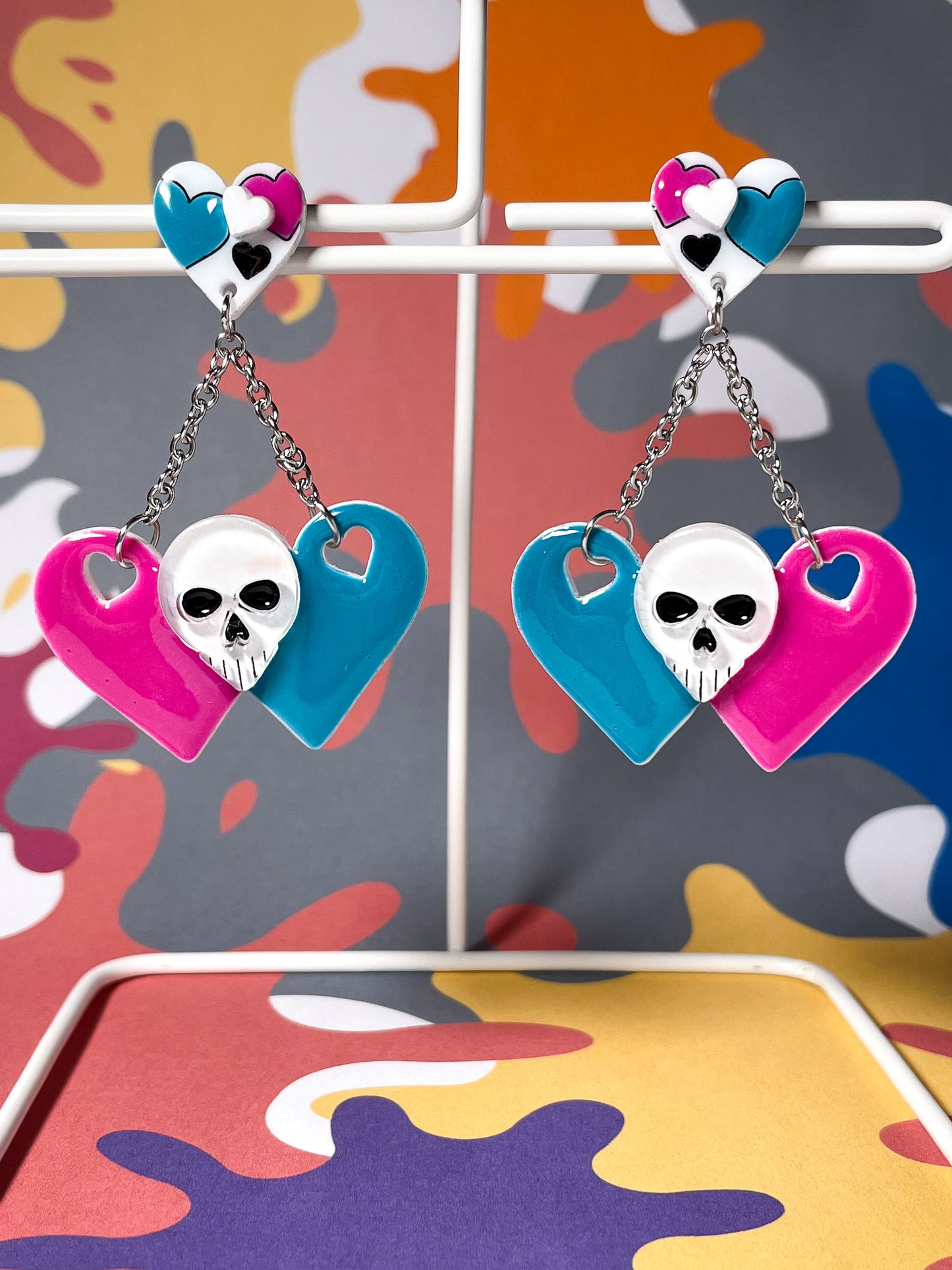 Sweet Skull Heart Earrings (Pink & Blue)