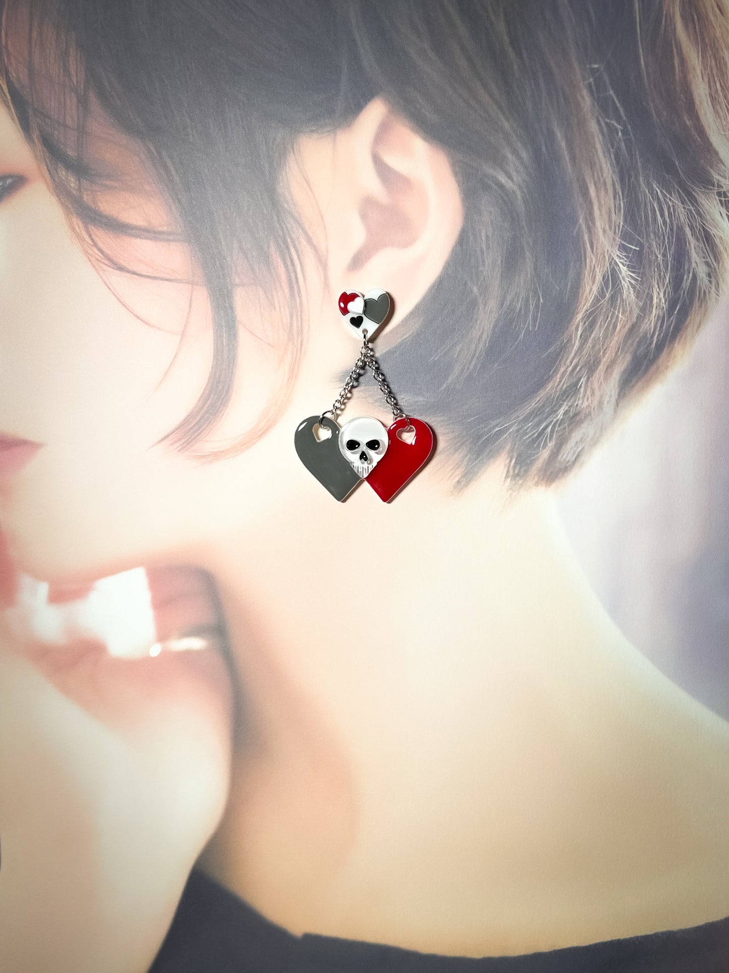 Sweet Skull Heart Earrings (Red & Gray)