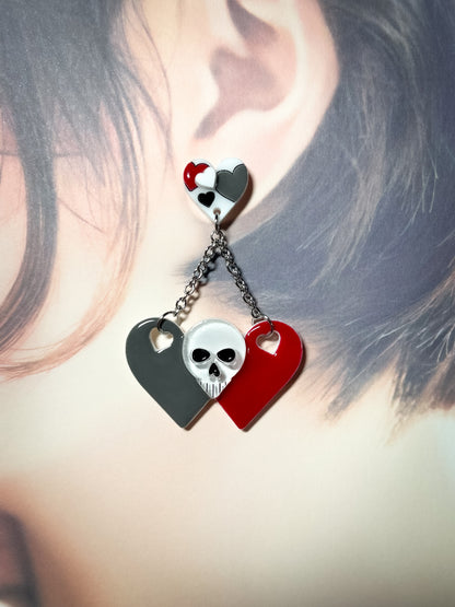 Sweet Skull Heart Earrings (Red & Gray)