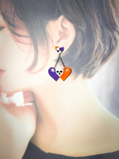 Sweet Skull Heart Earrings (Orange & Purple)