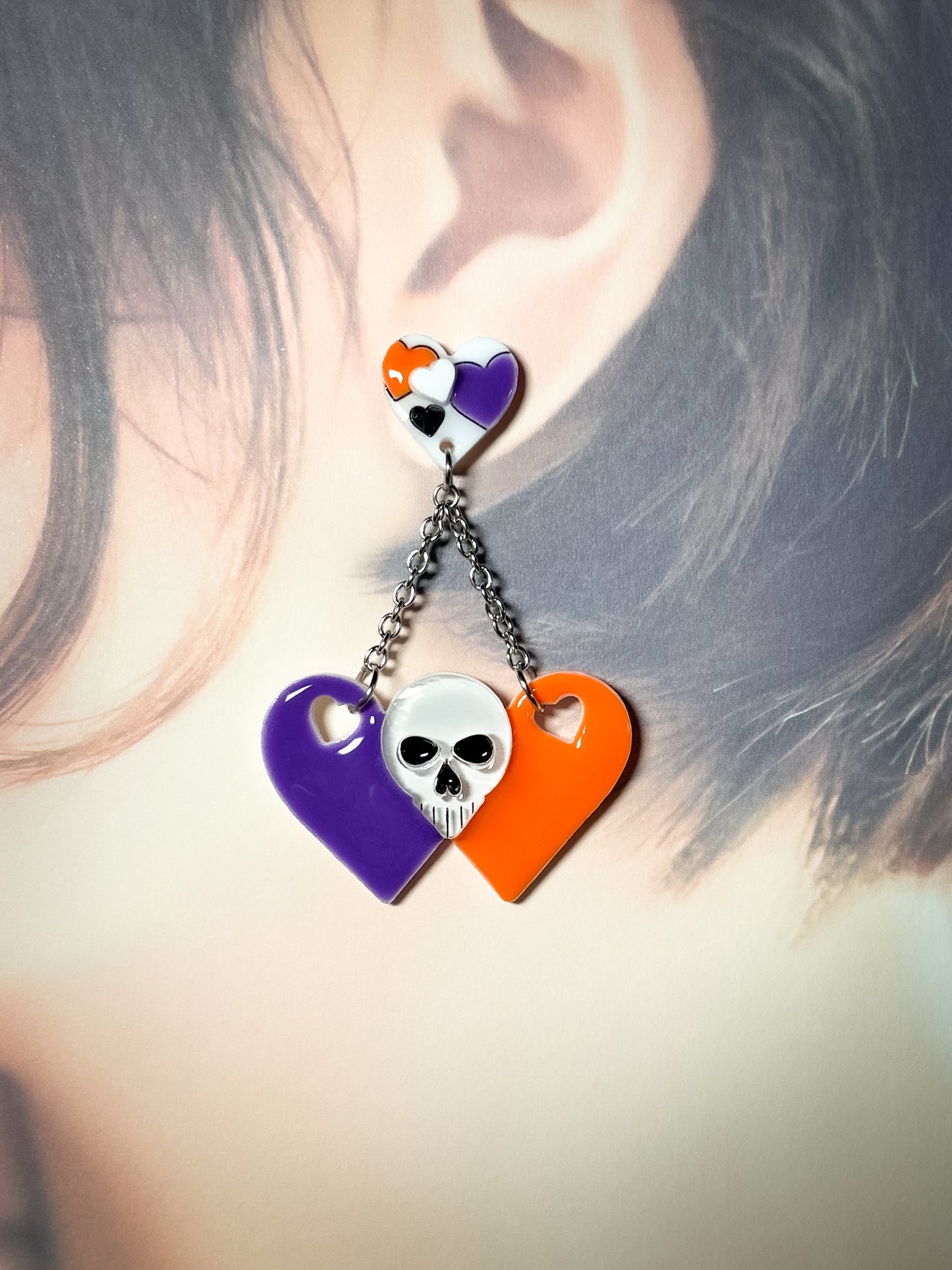 Sweet Skull Heart Earrings (Orange & Purple)