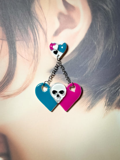 Sweet Skull Heart Earrings (Pink & Blue)