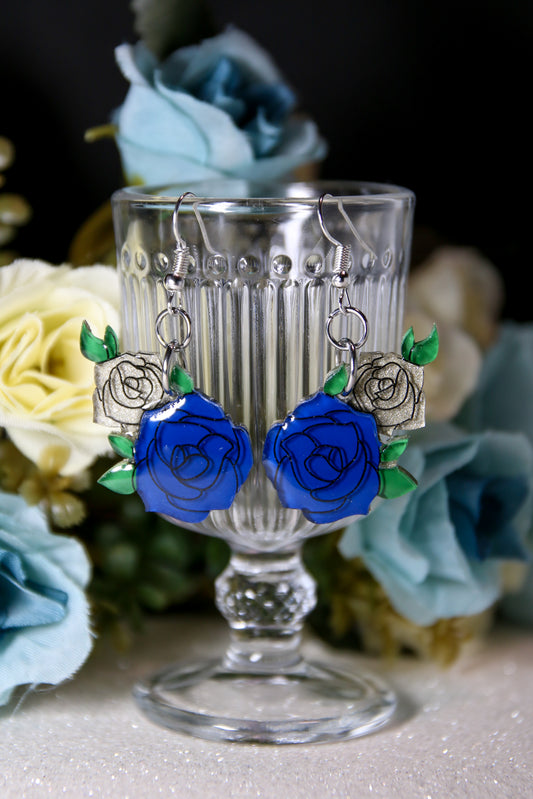 Stained glass rose drop earrings (Blue)