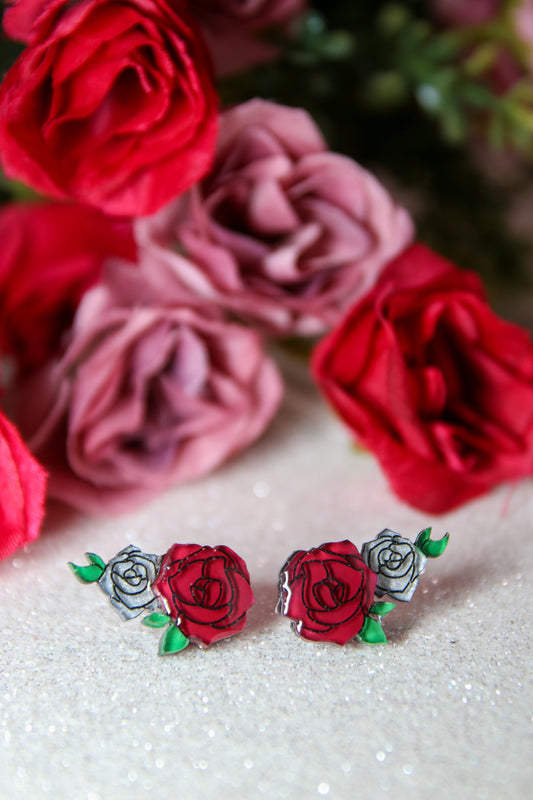 [limited edition] Stained glass rose stud earrings (Red)