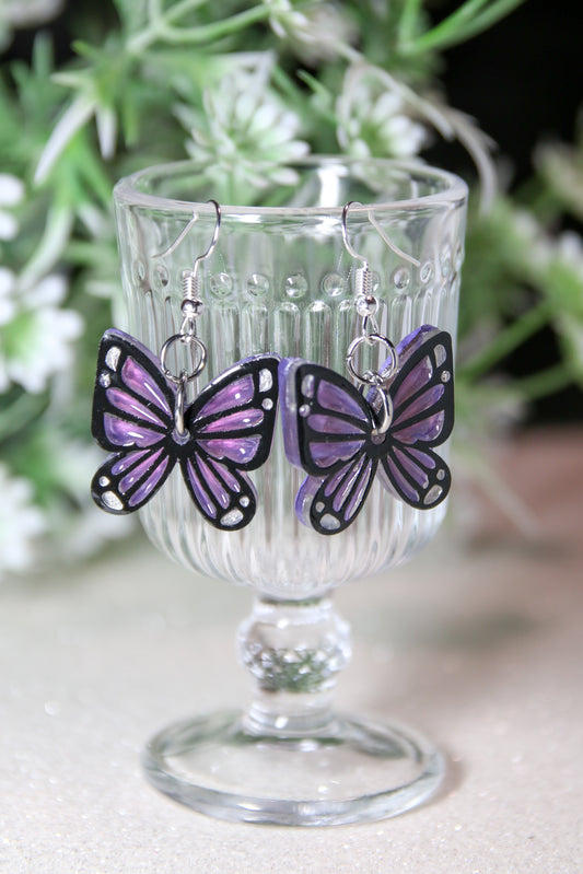 [Limited edition] Stained glass butterfly drop earrings (Purple)
