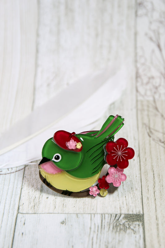 Japanese white-eye bird brooch (Green)